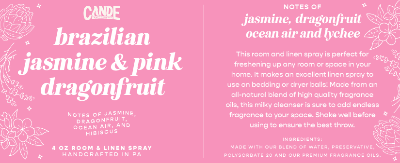 Jasmine & Pink Dragonfruit 4 oz Room & Linen Spray label