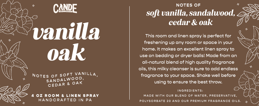 Vanilla Oak 4 oz Room & Linen Spray label