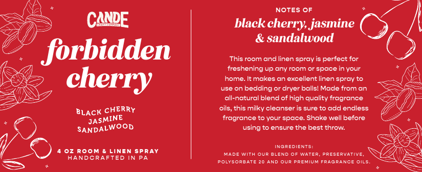 Forbidden Cherry 4 oz Room & Linen Spray label