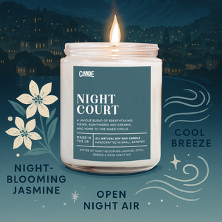 Candle labeled 'Night Court' with a night-time cityscape background