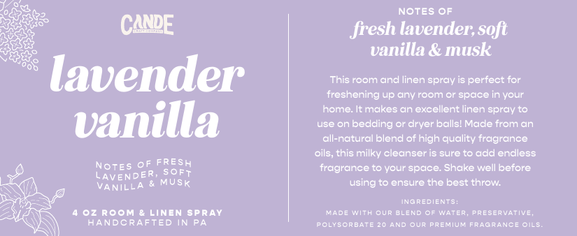 Lavender Vanilla 4 oz Room & Linen Spray label